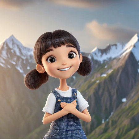 3D illustration of a cute little girl on a background of mountainsの素材