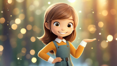 3d illustration of a cute cartoon girl holding something on bokeh backgroundの素材