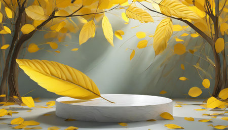 3d render, abstract background, podium for display product, autumn leavesの素材