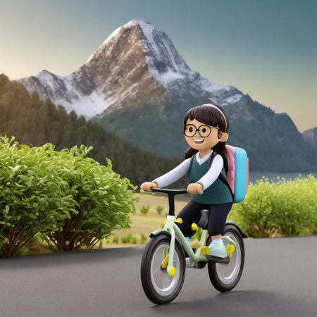 3d illustration of little girl riding a bicycle and carrying a backpackの素材