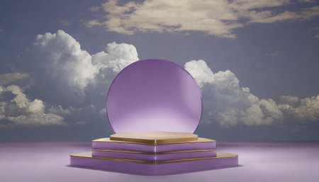 3d rendering of purple pedestal with clouds in the background.の素材