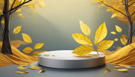 3d render, abstract background with autumn leaves, podium for product displayの素材
