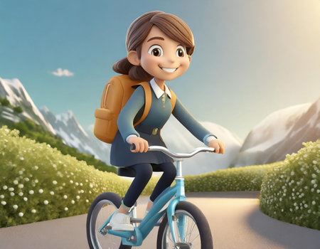3d illustration of a girl riding a bicycle on the road.の素材