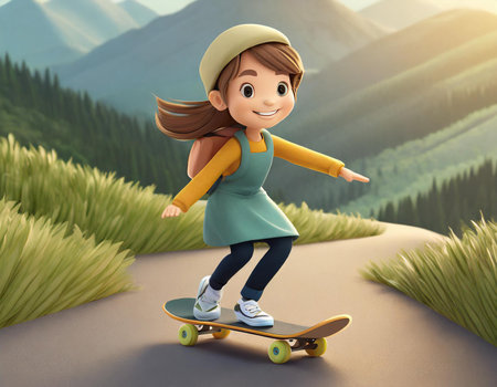 3D illustration of a girl riding a skateboard on a hillの素材
