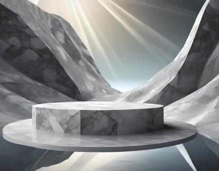 Abstract scene with round podium and sunlight rays. 3D Renderingの素材