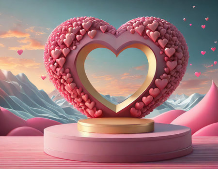 Valentine's day background with heart and podium, 3d renderの素材