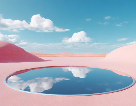 pink desert and blue sky with clouds reflected in a pool of waterの素材