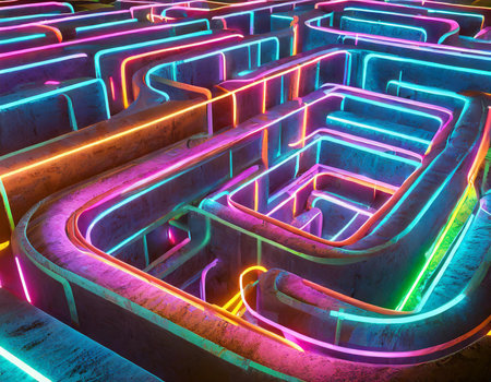 3d rendering of a maze with neon light in the center.の素材