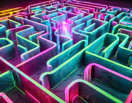 Maze in the form of a labyrinth, illuminated by ultraviolet light.の素材