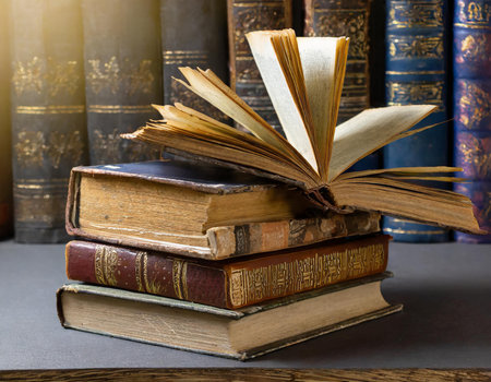 Open book, hardback books on wooden table. Back to school. Copy space.の素材