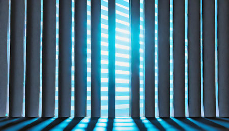 Blue blinds in the interior of a modern office building. Abstract backgroundの素材