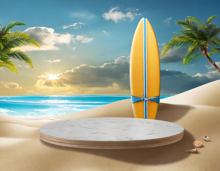 3d render of summer background with tropical beach and surfboard.の素材