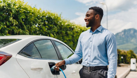 Smiling african american man charging electric car at charging stationの素材