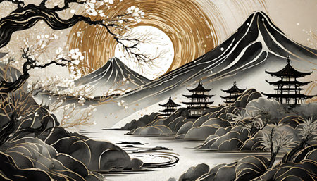 Hangzhou West Lake landscape, traditional oriental painting illustration.の素材