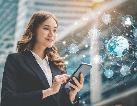 Young businesswoman using mobile phone and social network connection with cityscape backgroundの素材