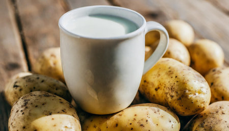 Fresh organic potatoes and milk on wooden background. Rustic style.の素材