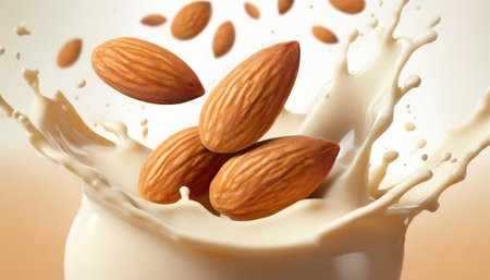 Almond milk splash with almonds on white background, close-upの素材