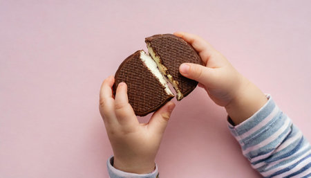 A child's hand holds a chocolate sandwich on a pink background.の素材