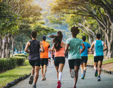 Group of people jogging in the park. Healthy lifestyle concept.の素材
