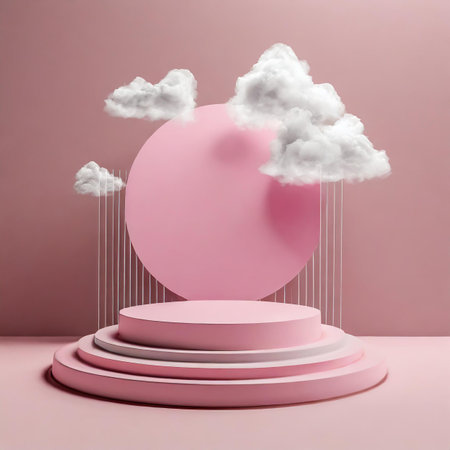 3d render, abstract minimal scene with white clouds and round podium.の素材