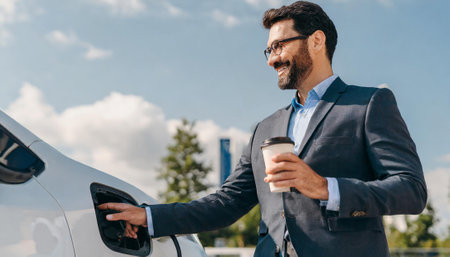 selective focus of smiling businessman holding paper cup of coffee near car outdoorsの素材