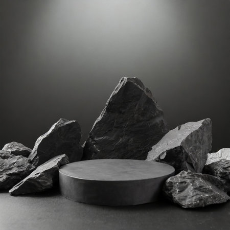 Podium for product display with stone on dark background. 3d renderの素材