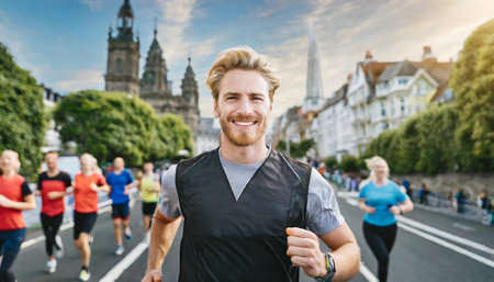 Marathon running race, people group on city street jogging workout wellness conceptの素材