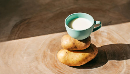 Potatoes and milk in a blue cup on a wooden background.の素材