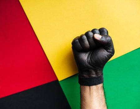 Fist of a man in a black glove on a multicolored backgroundの素材