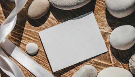 White pebbles with a white sheet of paper on a wooden backgroundの素材