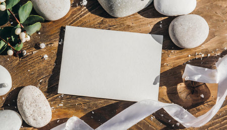 Blank greeting card on a wooden background with white pebblesの素材