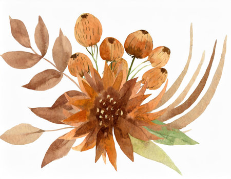 Watercolor autumn bouquet with dry flowers. Hand painted illustration.の素材