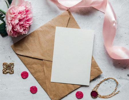 Greeting card mockup with envelope and pink ribbon on white backgroundの素材