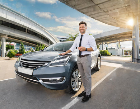 Portrait of a handsome businessman standing outdoors with his car in the backgroundの素材