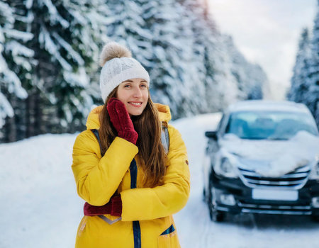 Happy young woman in yellow jacket and hat standing near car on winter roadの素材