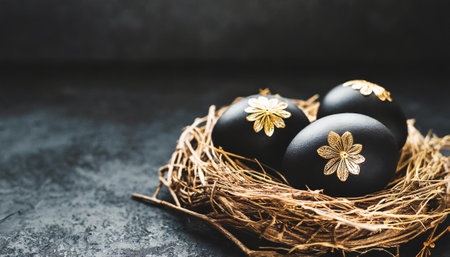 Black easter eggs in nest on black background with copy space.の素材