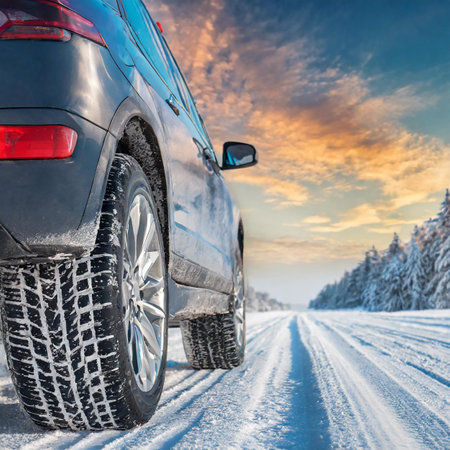 Car on winter road at sunset. Car tires close-up.の素材