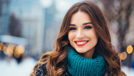 Close up portrait of a beautiful young brunette woman with red lips and brown eyes, wearing a blue knitted scarf, smiling and looking at the camera.の素材