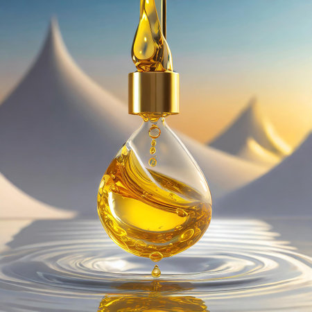 Oil dropper with drop on the background of mountains. 3D renderingの素材