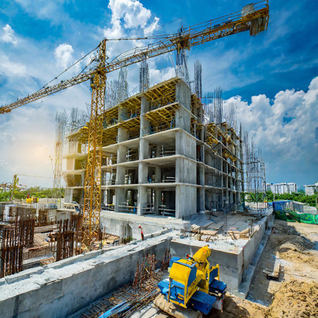 construction site with crane and building under construction against blue sky.の素材