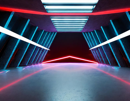 3d render. Futuristic interior with neon lights. Futuristic backgroundの素材