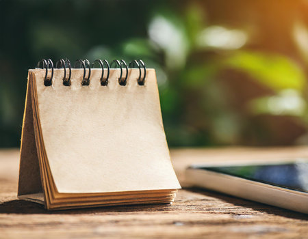 Notebook with smart phone on wooden table with blur nature background.の素材