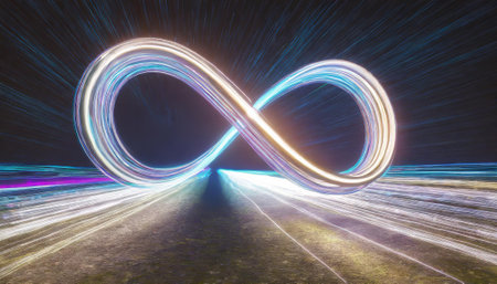Infinity symbol with light trails on the road, 3d renderingの素材