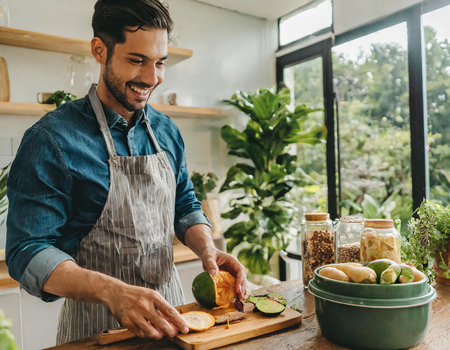 handsome man in apron cutting avocado and smiling while standing in kitchenの素材