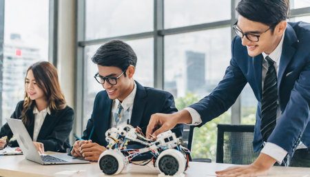 Business people wearing headset working in office to support remote customer or colleague. Call center, telemarketing, customer support agent provide service on telephone video conference call.の素材