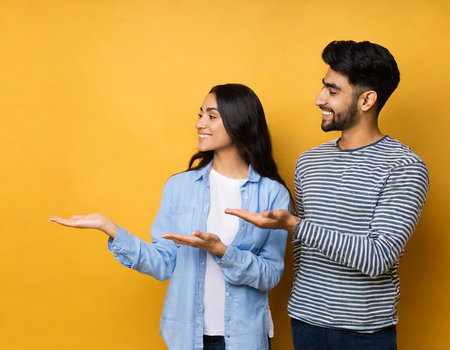 Happy young indian couple standing isolated over yellow background, presenting somethingの素材