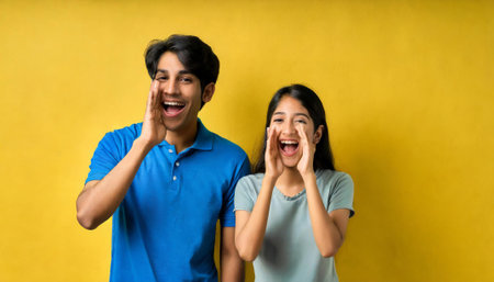 Young indian couple shouting and shouting while standing in front of yellow backgroundの素材