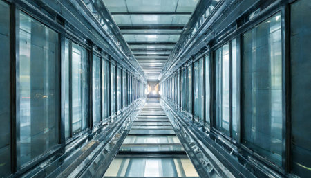 Futuristic corridor in an office building with glass walls and reflectionsの素材