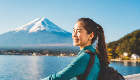 Beautiful asian woman travel with mountain fuji at yamanakako lake Japanの素材