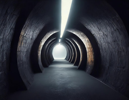Abstract dark tunnel with light in the end. 3D rendering.の素材